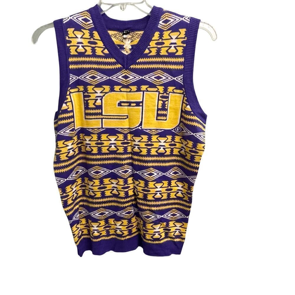 LSU Sweater Vest Mens Small VNeck Ugly Sweater Louisiana Tigers Purple Gold